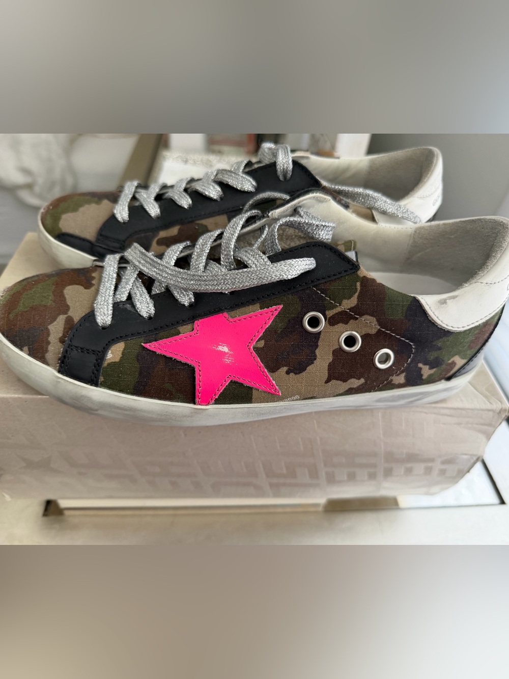 Golden Goose Camouflage Sneakers with Neon Pink Star *Like New*